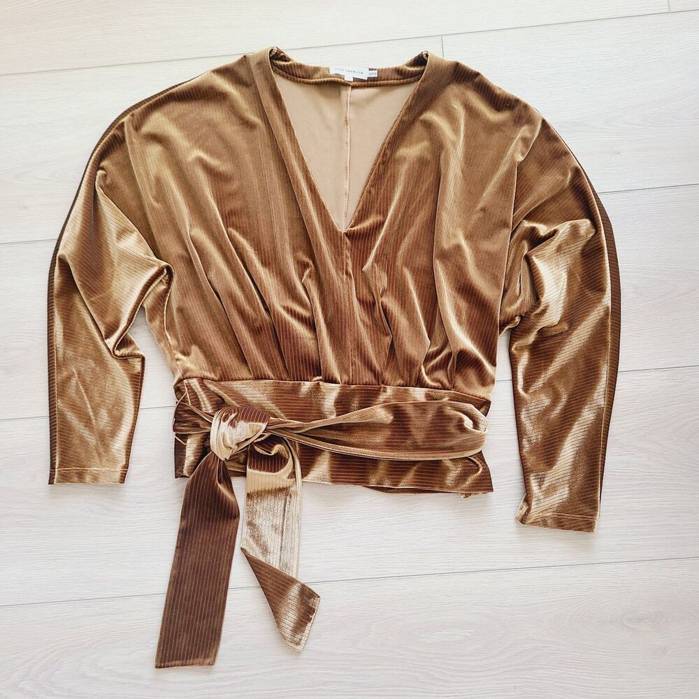 Good American Top 3 (L) Bronze Brown Velvet Stretch V-Neck Tie Waist Pullover